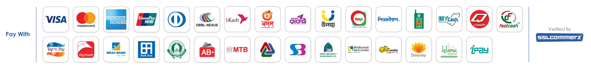 Pay with Visa, Mastercard, American Express, UnionPay, Diners Club, bKash, Nagad, Rocket, Upay, and other major Bangladeshi cards, mobile wallets, and bank accounts. Verified by SSLCommerz.
